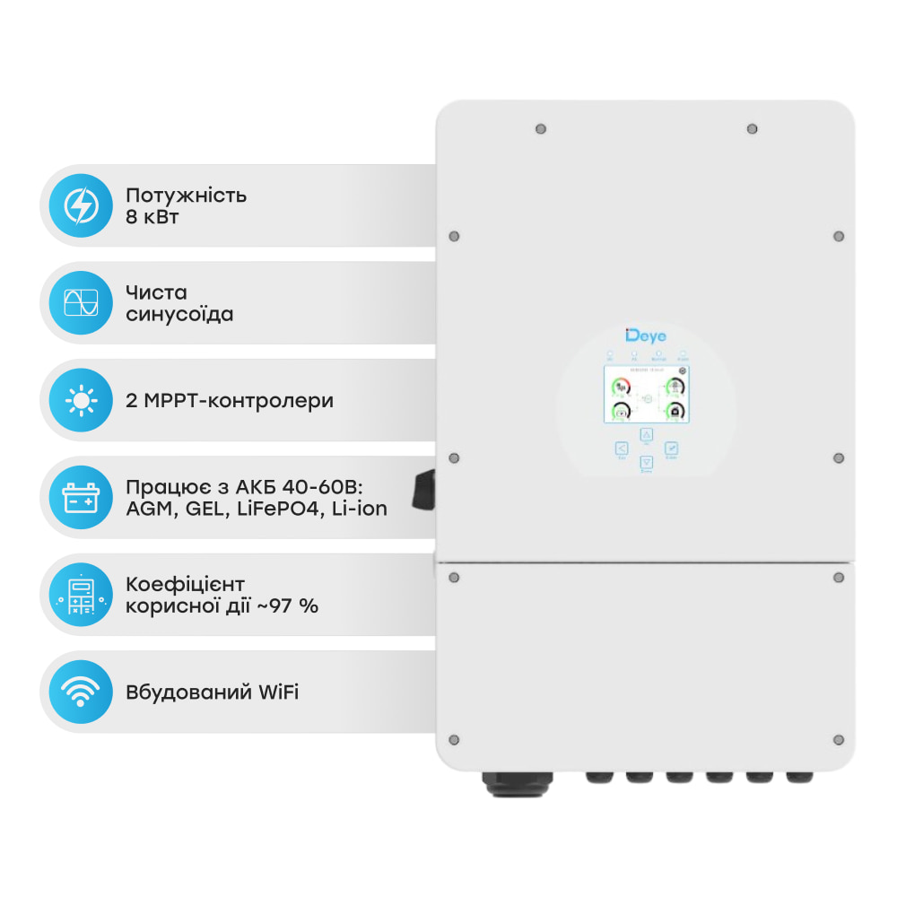 Гібридний однофазний інвертор 8kW Deye SUN-8K-SG01LP1-EU 1Ф, 48V купити в Україні