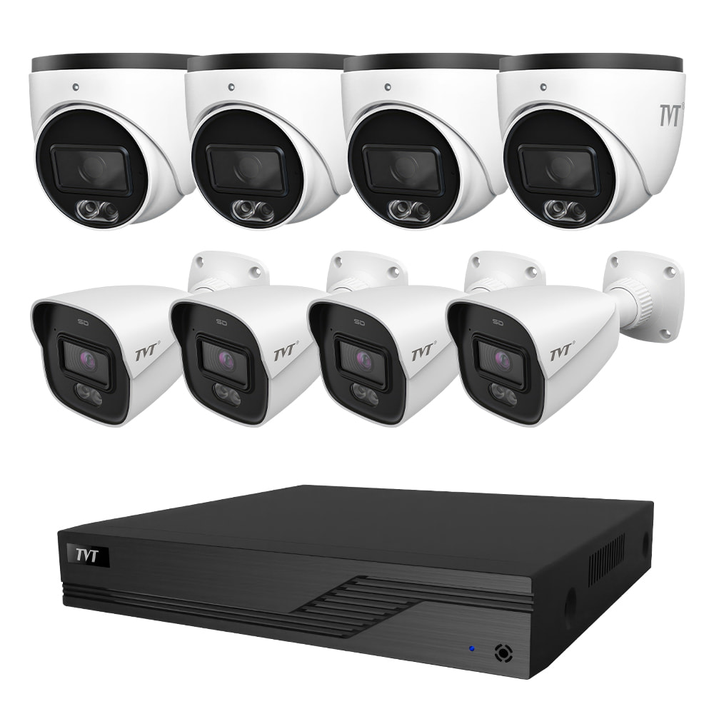 Комплект IP-видеонаблюдения на 8 камер TVT IP-Video Kit 8x4Mp (T/B) PoE: 4 купольные + 4 цилиндрические 4Mp видеокамеры + 8-канальный 8Mp видеорегистратор купить в Украине