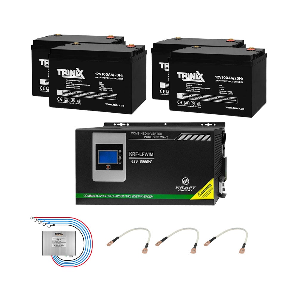 Комплект резервного питания: гибридный инвертор на 6kW Kraft + 4 шт. 12В 100Ач Trinix 12V100Ah/20Hr AGM купить в Украине