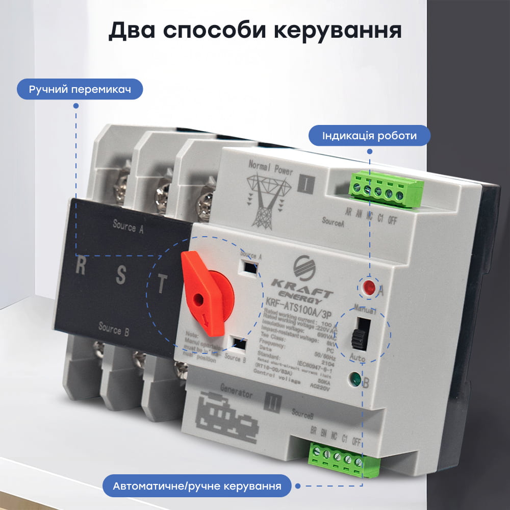 Автоматичний перемикач (АВР) під DIN-рейку Kraft KRF-ATS100A/3p 3