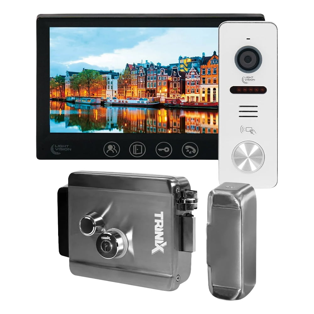 Комплект відеодомофона Light Vision з електрозамком: домофон 7" AMSTERDAM FHD Black, відеопанель 2Mp RIO FHD (RF) White зі зчитувачем Mifare, електромеханічний замок Trinix TRX Fass Steel купити в Україні