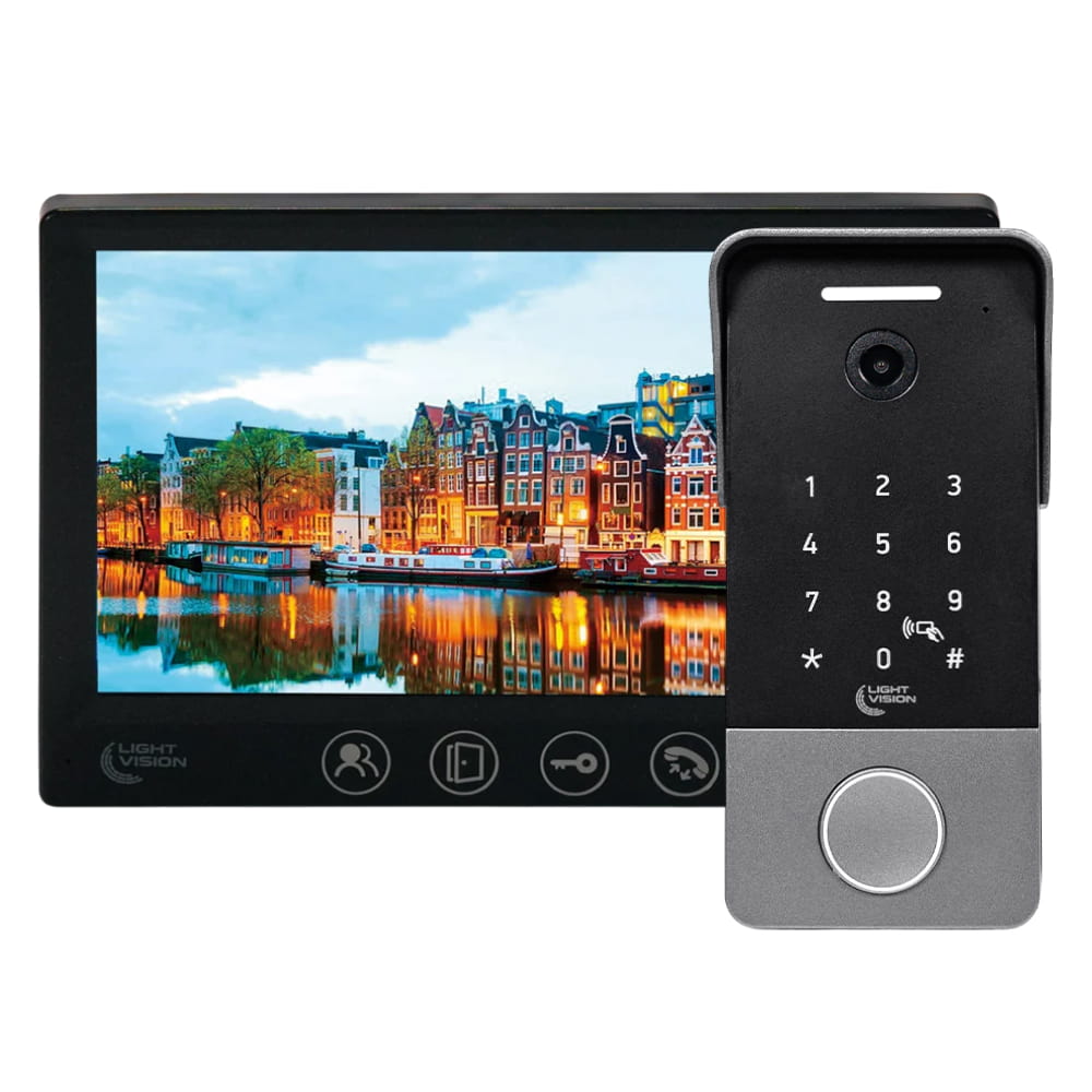 Комплект відеодомофона Light Vision: відеодомофон 7" AMSTERDAM FHD Black та відеопанель 2Mp RIO FHD(KEY) Silver купити в Україні
