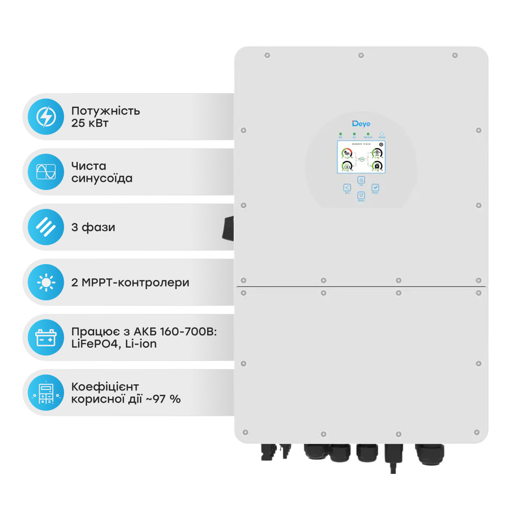 Гібридний трифазний інвертор 25kW Deye SUN-25K-SG01HP3-EU-AM2 3Ф купити в Україні