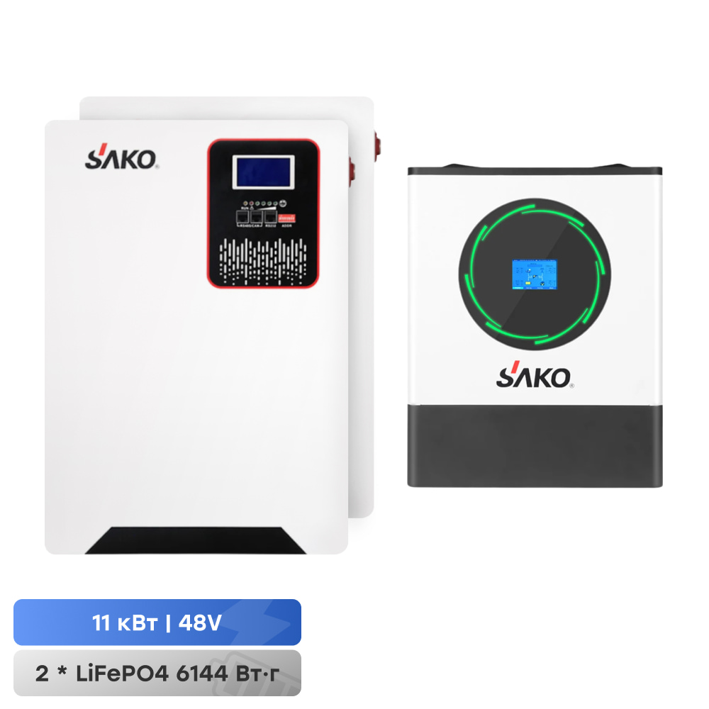 Комплект резервного питания Sako: гибридный инвертор 11kW SUNPOLO-11K+150A MPPT и 2 аккумуляторные батареи 51.2В 6144Втг Li-Sun series LiFePo4 купить в Украине