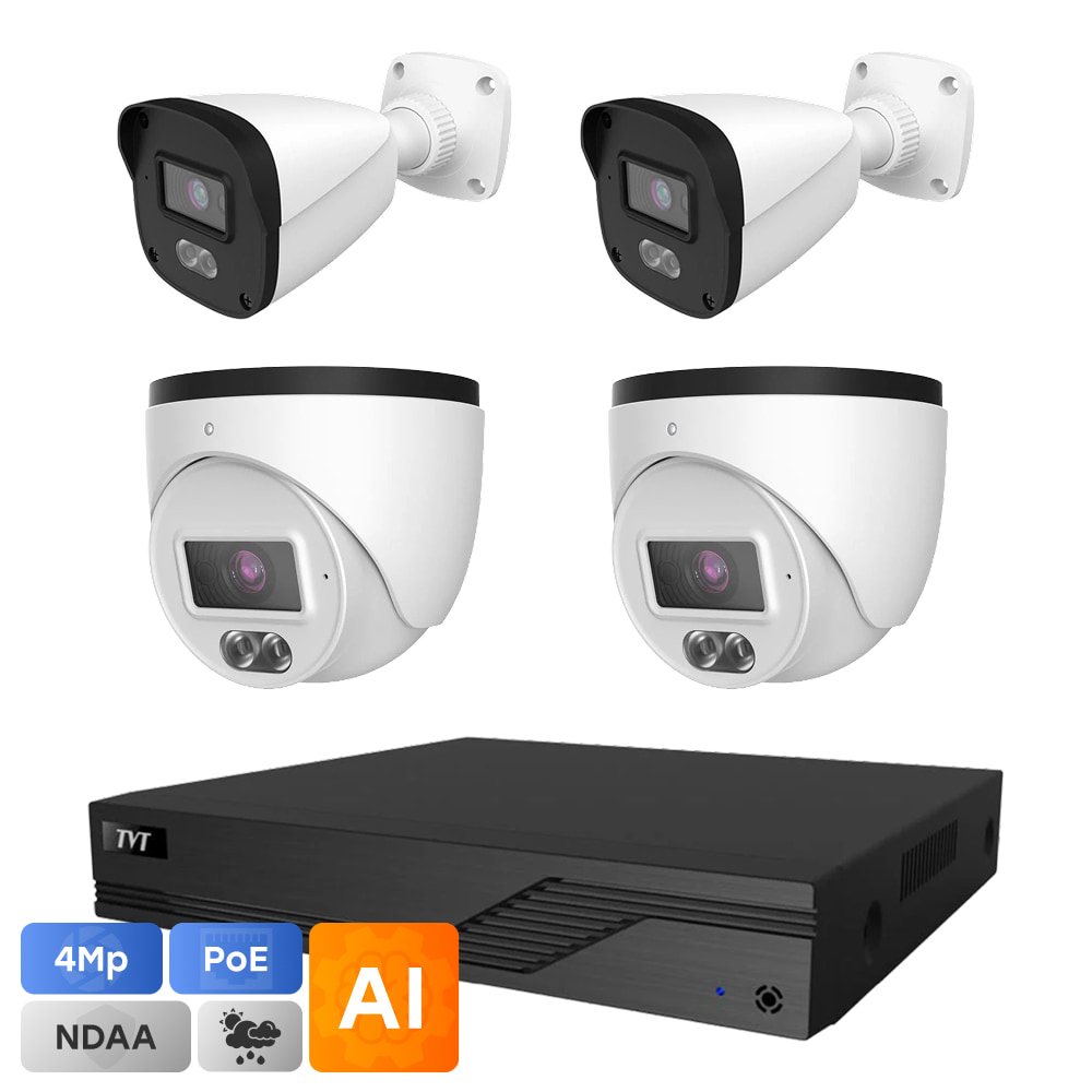 Комплект IP-видеонаблюдения на 4 камеры TVT IP-Video Kit 4x4Mp (T/B) PoE: 2 купольные 4Mp видеокамеры + 2 цилиндрические 4Mp видеокамеры + 4-канальный 6Mp видеорегистратор купить в Украине
