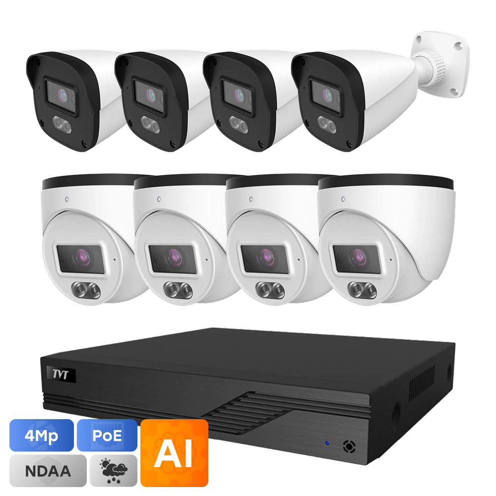 Комплект IP-видеонаблюдения на 8 камер TVT IP-Video Kit 8x4Mp (T/B) PoE: 4 цилиндрические 4Mp видеокамеры + 4 купольные 4Mp видеокамеры + 8-канальный 8Mp видеорегистратор купить в Украине