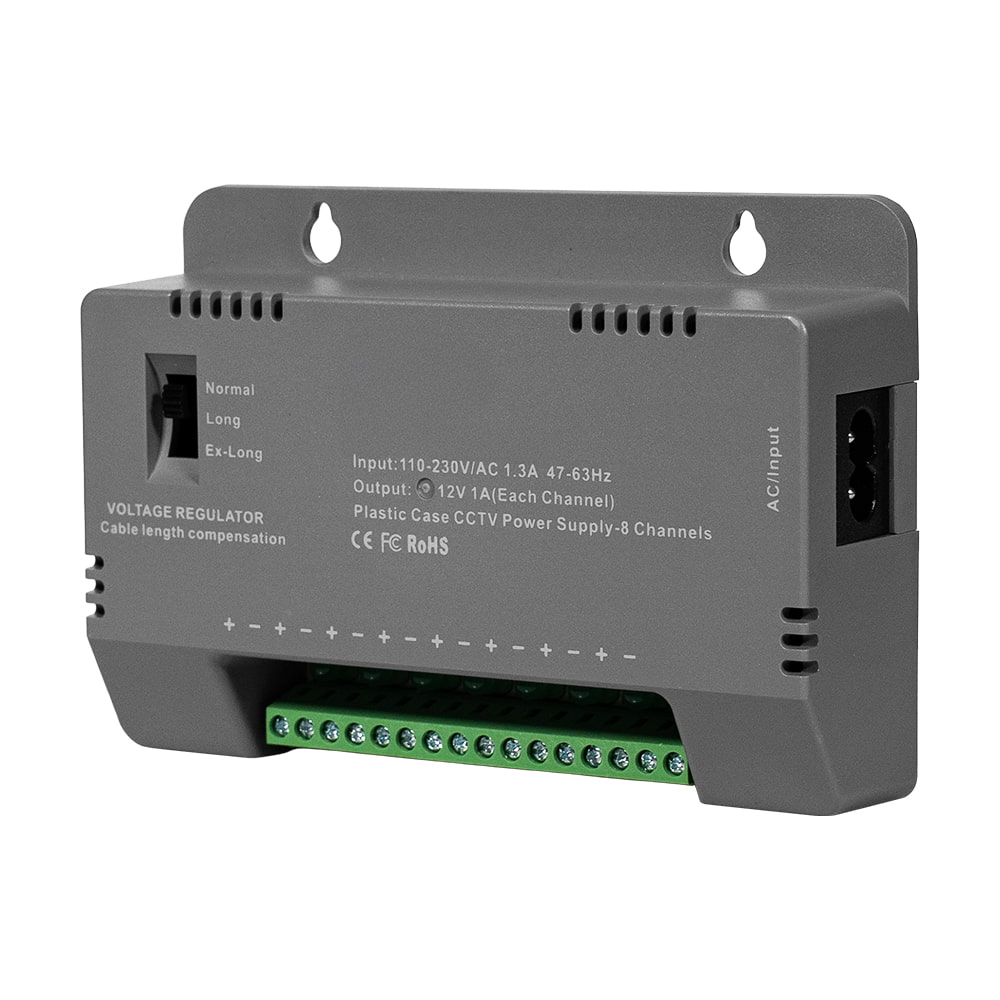 Блок питания Kraft KRF-1208B (8CH) 96W, 8 каналов нагрузки, 12V/1A на 1 канал, с регулятором напряжения для компенсации длины кабеля купить в Украине
