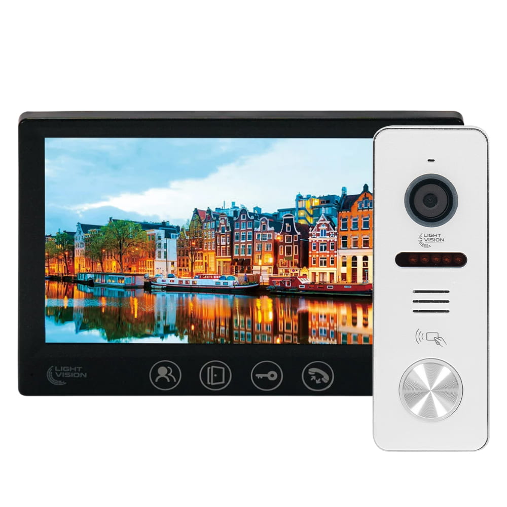 Комплект відеодомофона Light Vision: домофон 7" AMSTERDAM FHD Black та відеопанель 2Mp RIO FHD (RF) White зі зчитувачем Mifare купити в Україні