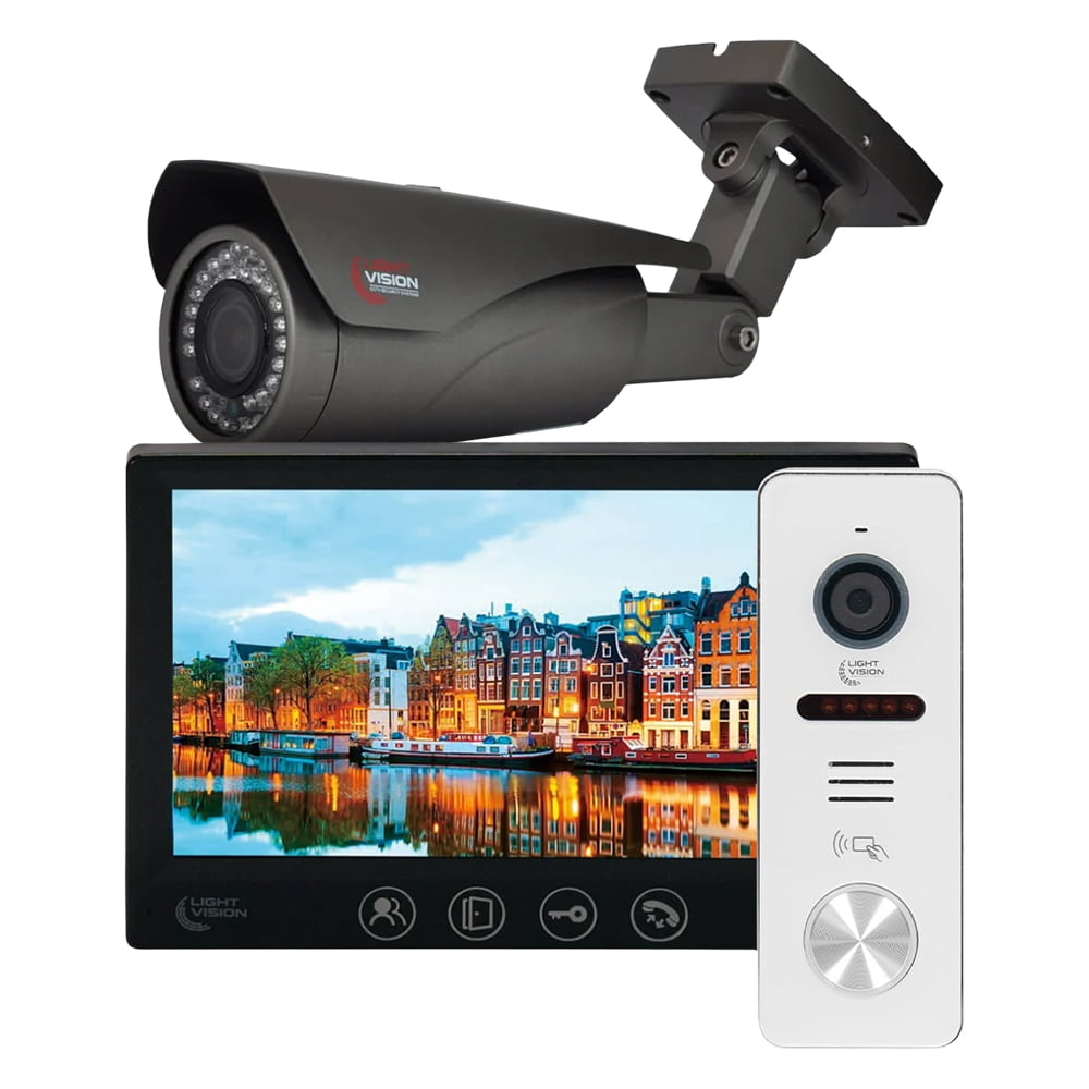 Комплект відеодомофона Light Vision з відеокамерою: домофон 7" AMSTERDAM FHD Black, відеопанель 2Mp RIO FHD (RF) White зі зчитувачем Mifare, MHD-відеокамера 2Mp VLC-1192WFM Graphite купити в Україні