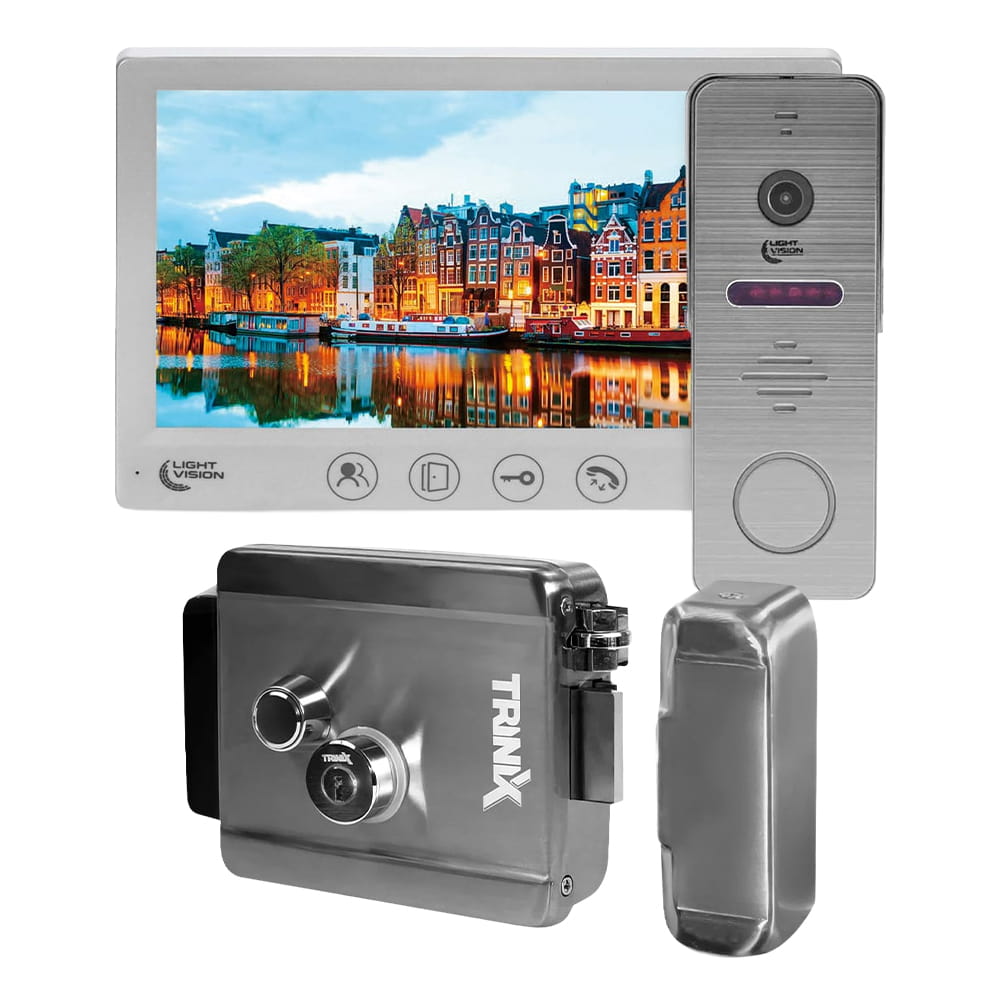 Комплект видеодомофона Light Vision с электрозамком: домофон 7" AMSTERDAM FHD White, видеопанель 2Mp RIO FHD Grey, электромеханический замок Trinix TRX Fass Steel купить в Украине
