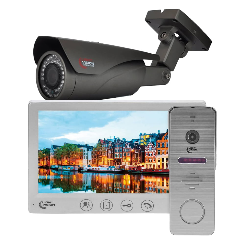 Комплект видеодомофона Light Vision с видеокамерой: домофон 7" AMSTERDAM FHD White, видеопанель 2Mp RIO FHD Grey, MHD-видеокамера 2Mp VLC-1192WFM Graphite купить в Украине