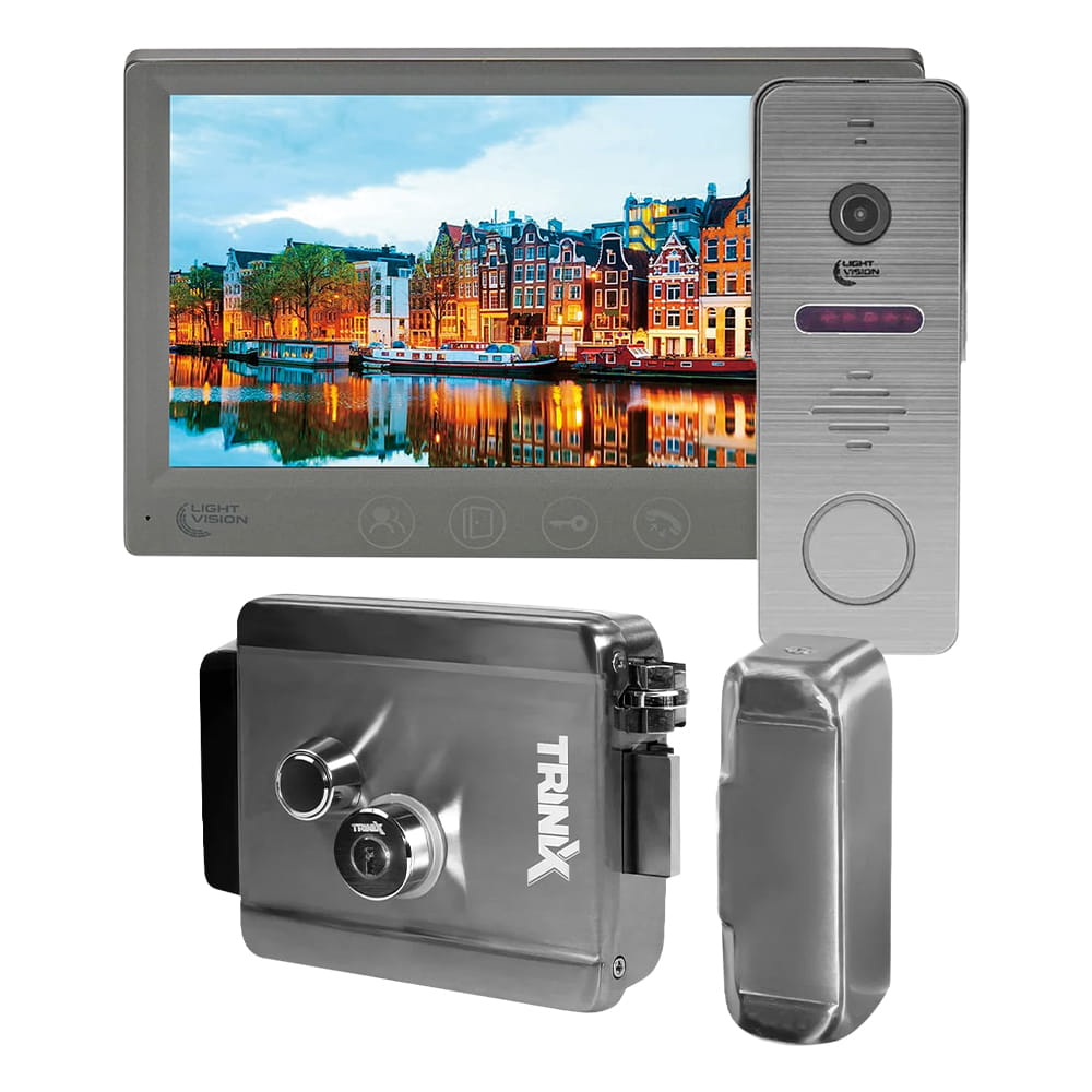 Комплект видеодомофона Light Vision с электрозамком: домофон 7" AMSTERDAM FHD Grey, видеопанель 2Mp RIO FHD Grey, электромеханический замок Trinix TRX Fass Steel купить в Украине