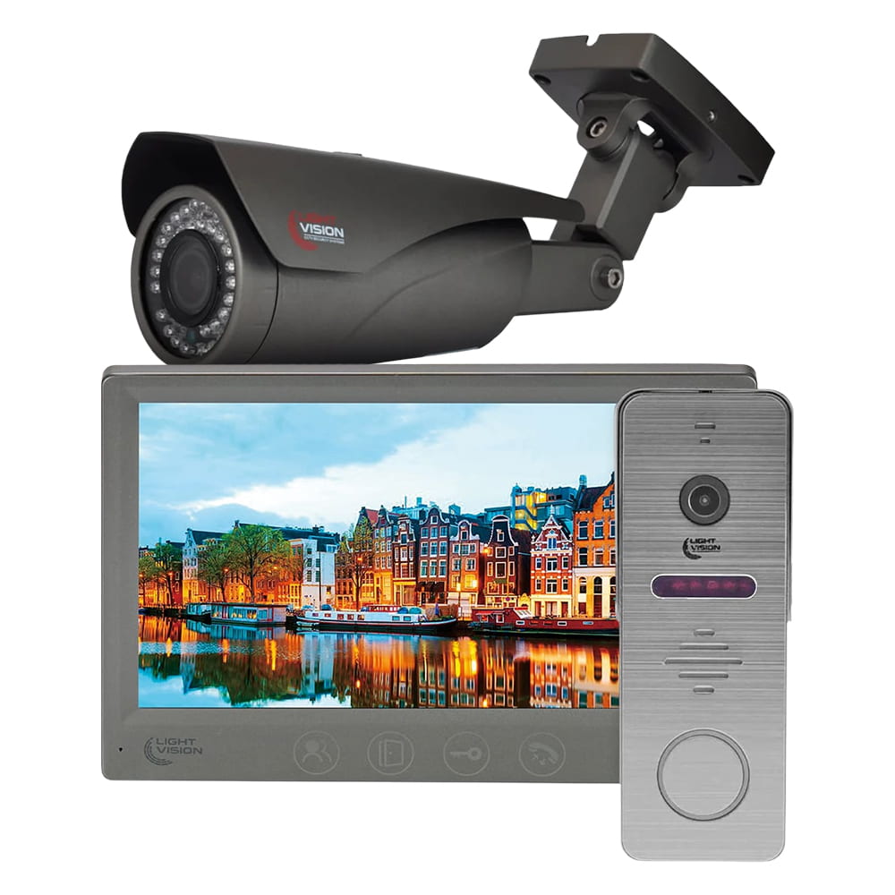Комплект видеодомофона Light Vision с видеокамерой: домофон 7" AMSTERDAM FHD Grey, видеопанель 2Mp RIO FHD Grey, MHD-видеокамера 2Mp VLC-1192WFM Graphite купить в Украине