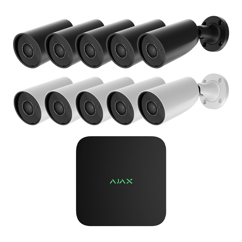 Комплект IP-відеонагляду на 10 камер Ajax IP-Video Kit 10x5Mp/4mm (BW/BB): 10 циліндричних 5Mp відеокамер + 16-канальний 8Mp відеореєстратор купити в Україні
