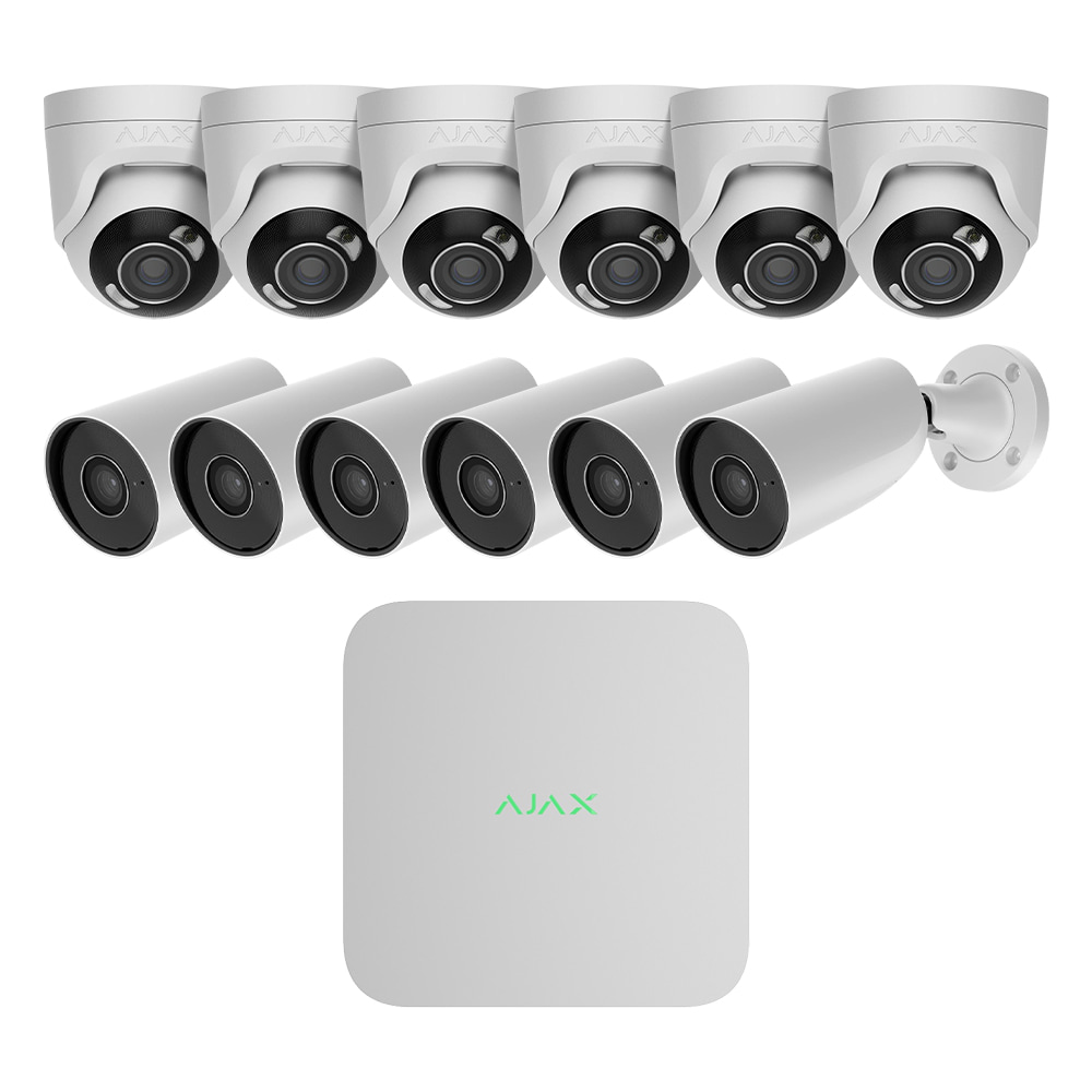 Комплект IP-відеонагляду на 12 камер Ajax IP-Video Kit 12x8Mp/2.8mm (BW/TW): 6 циліндричних 8Mp відеокамер + 6 купольних 8Mp відеокамер + 16-канальний 8Mp відеореєстратор купити в Україні