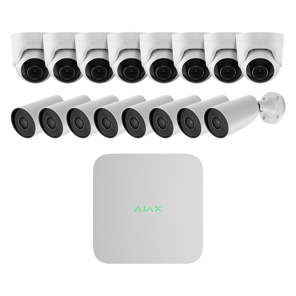 Комплект IP-відеонагляду на 16 камер Ajax IP-Video Kit 16x5Mp/2.8mm (BW/TW): 8 циліндричних 5Mp відеокамер + 8 купольних 5Mp відеокамер +16-канальний 8Mp відеореєстратор купити в Україні