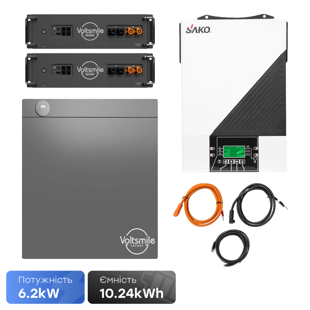Комплект резервного живлення 6.2kW 10.24kWh: автономний інвертор Sako SUNON IV 6.2KW/48V і 2 акумуляторні батареї 51.2В Voltsmile V10 Classic купити в Україні
