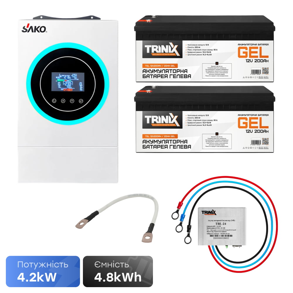 Комплект резервного живлення 4.2kW 4.8kWh: гібридний інвертор Sako SUNON V 4.5KVA/4200W/24V + 2 акумуляторні батареї Trinix TGL12V200Ah/20Hr GEL купити в Україні