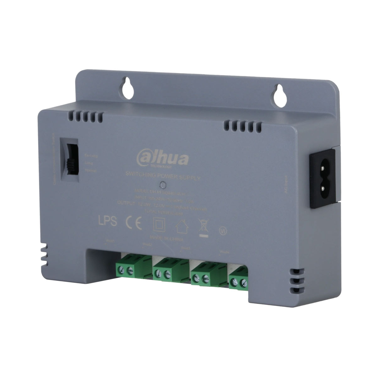 Блок живлення Dahua DH-PFM344D-4CH-EN 30W, 4 канали навантаження, 12V/2.5A, з регулятором напруги для компенсації довжини кабелю купити в Україні