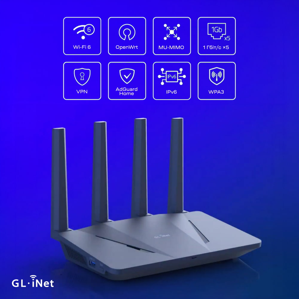 WiFi 6 маршрутизатор GL.iNet Flint (GL-AX1800-EU) гігабітний