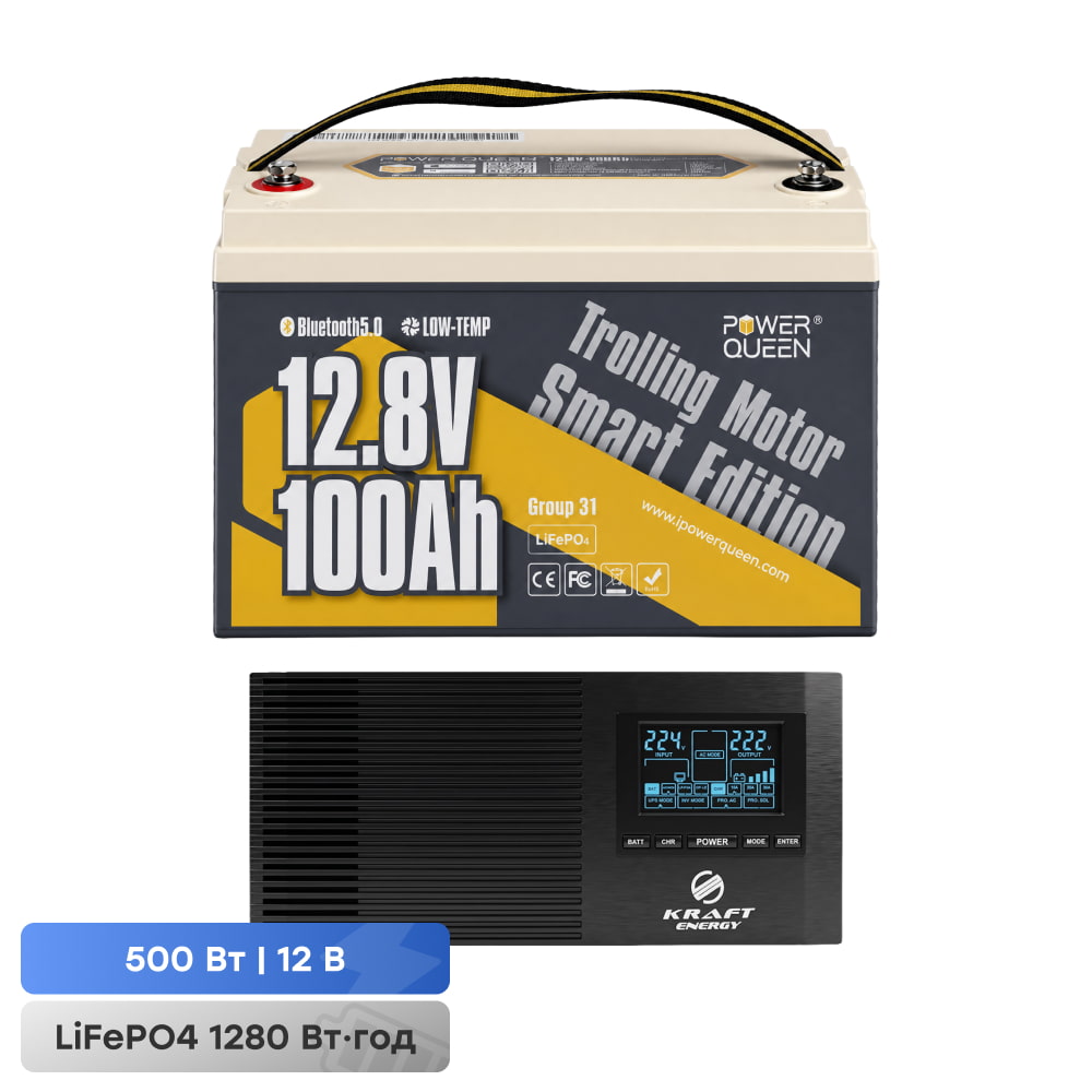 Комплект резервного живлення 500W 1280Wh: інвертор з функцією ДБЖ Kraft KRF-AVR600VA/500W-12V + акумуляторна батарея LiFePO4 12.8V 100Ah з Bluetooth Low-temp Power Queen P12V100-100-LTP-BT-4-A100 тягова купити в Україні